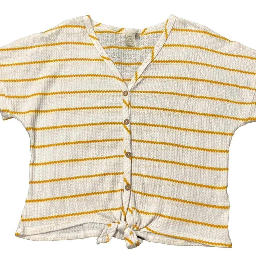 Paper Crane Short Sleeve Tie Front Stripe Waffle Knit Top